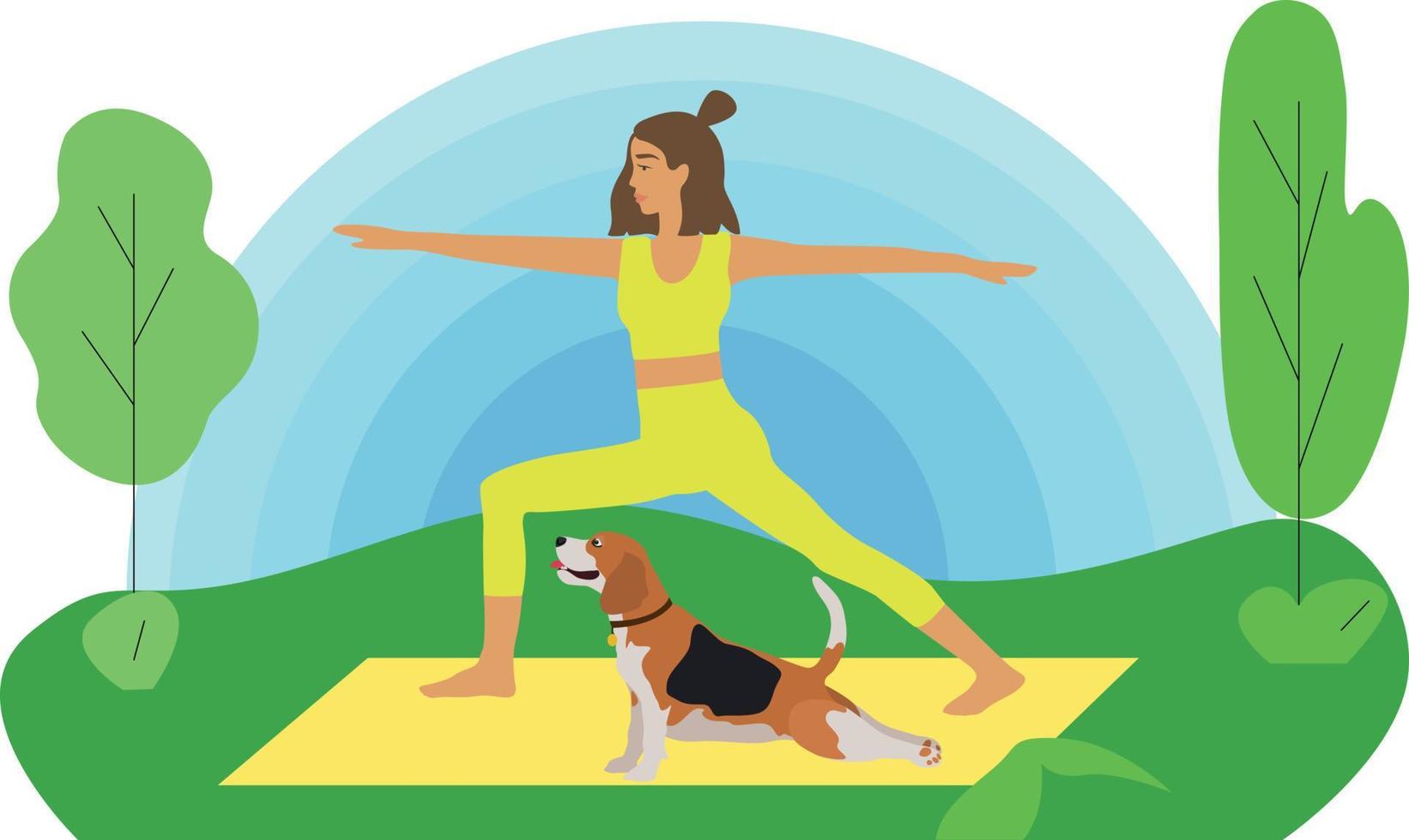 una joven linda con un perro está haciendo yoga en el parque. feliz dueño de una mascota. ilustración vectorial plana. beagle encantador. concepto de recreación activa. el perro es el mejor amigo del hombre. Deportes al aire libre vector
