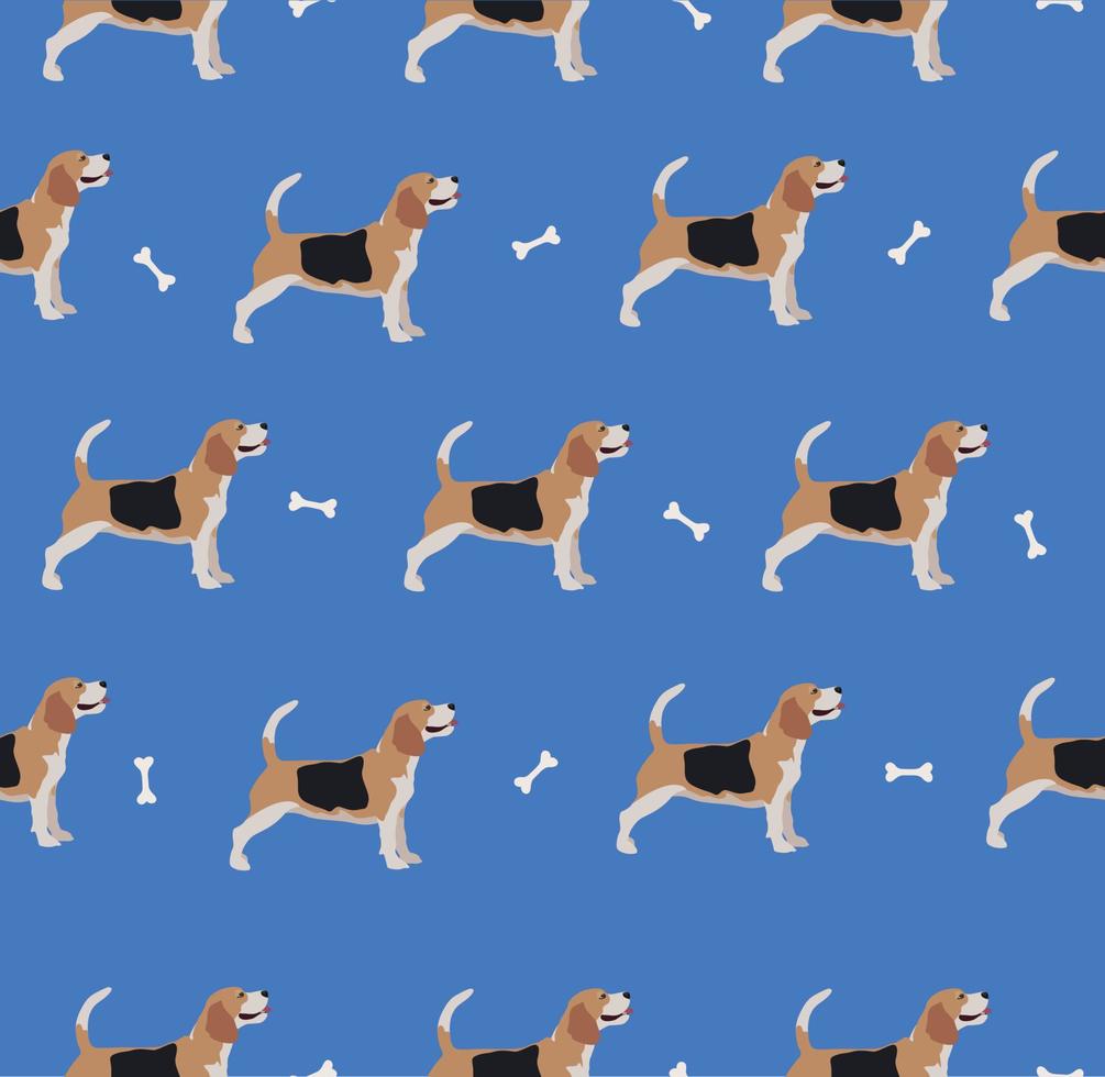 Cute cool beagle puppy seamless repeat. pattern. Vector illustration of pet behavior. Flat dog stands in full length isolated on white background. Beagles in a row.