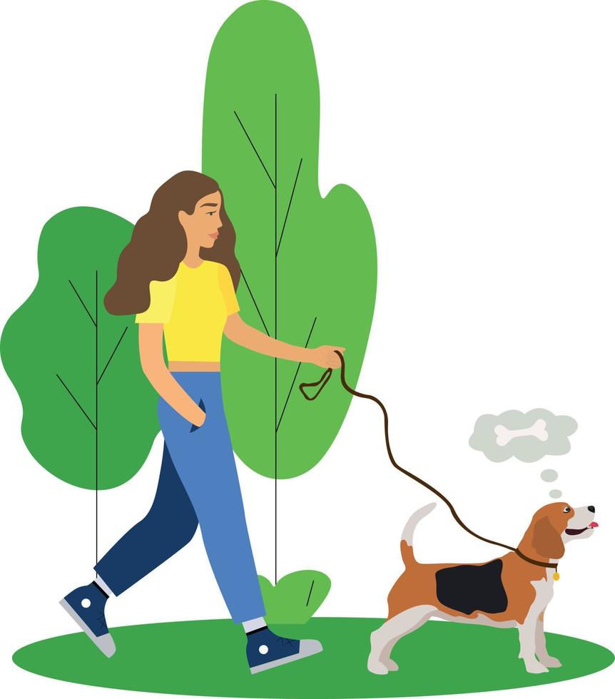 linda joven camina con un perro en el parque. feliz dueño de una mascota. ilustración vectorial plana. beagle encantador. concepto de recreación activa. el perro es el mejor amigo del hombre vector
