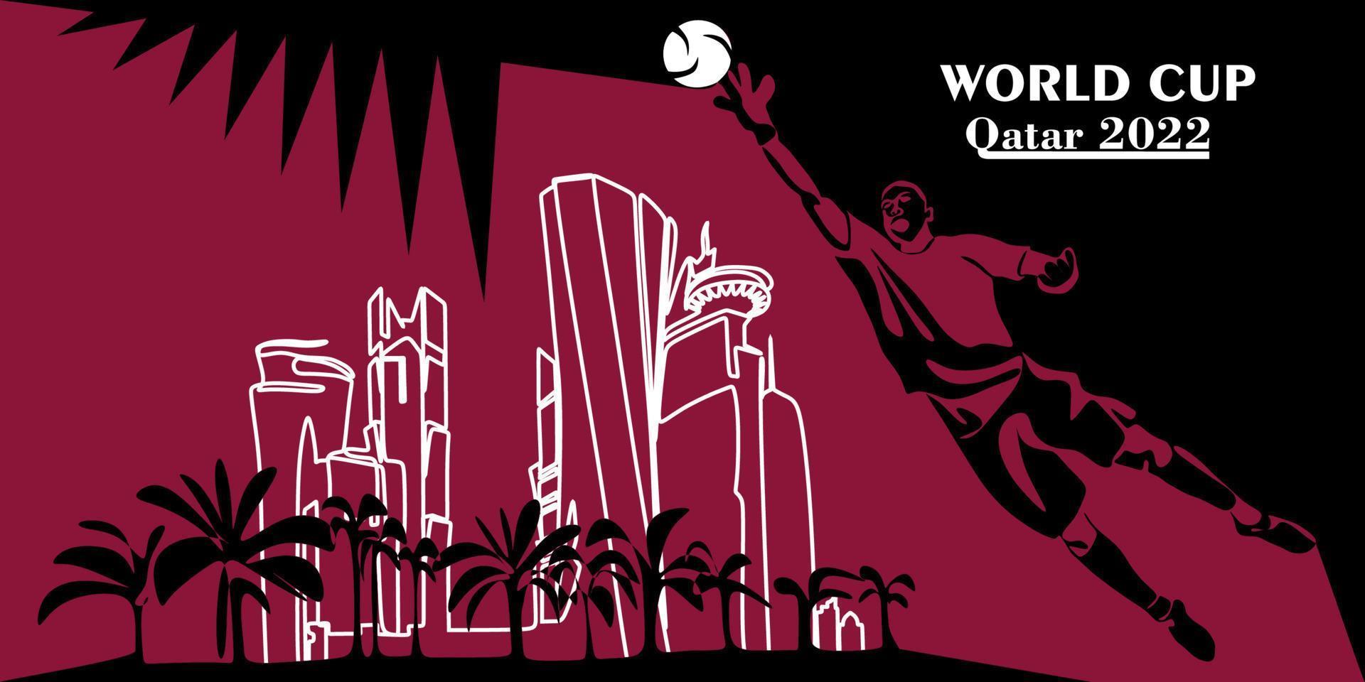 World Cup in Qatar in 2022 banner. Stylized Vector isolated modern illustration of the capital Doha city with symbol, colors and flag