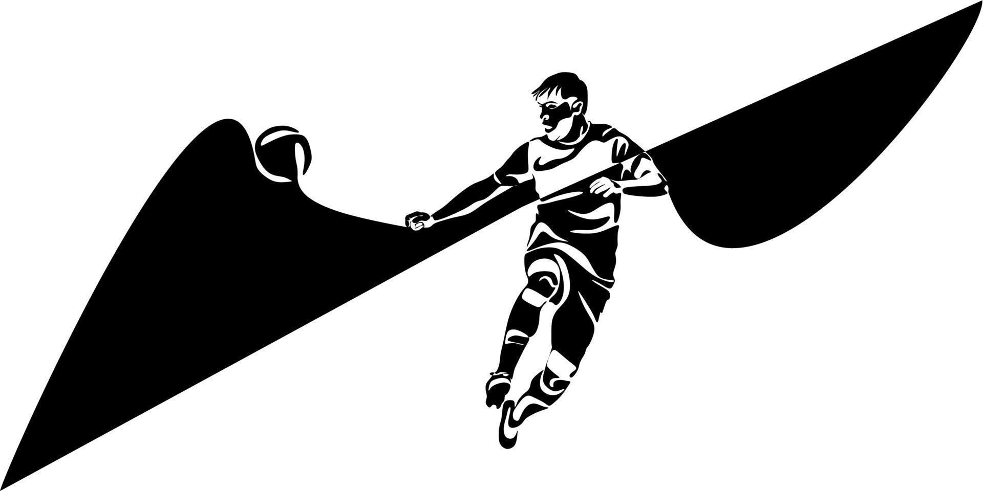 Football, soccer player kicking ball. Isolated vector silhouette. Football defender, striker or goalkeeper