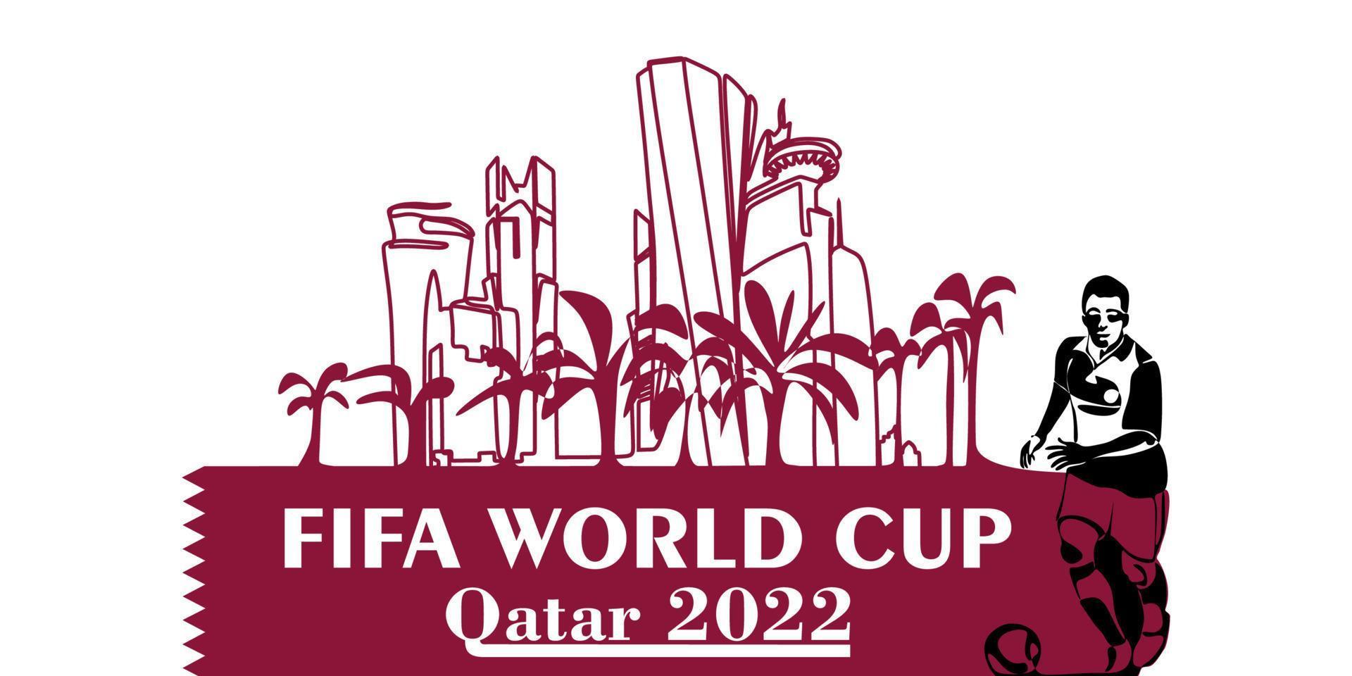 copa del mundo en qatar en 2022 banner. vector estilizado aislado ilustración moderna de la ciudad capital de doha con símbolo, colores y bandera