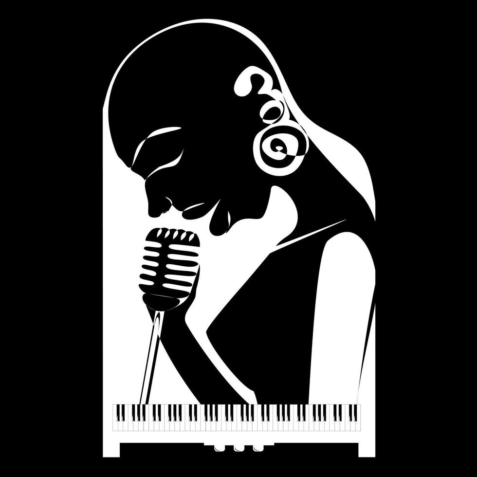 Jazz singer silhouette black and white continuous line illustration vector