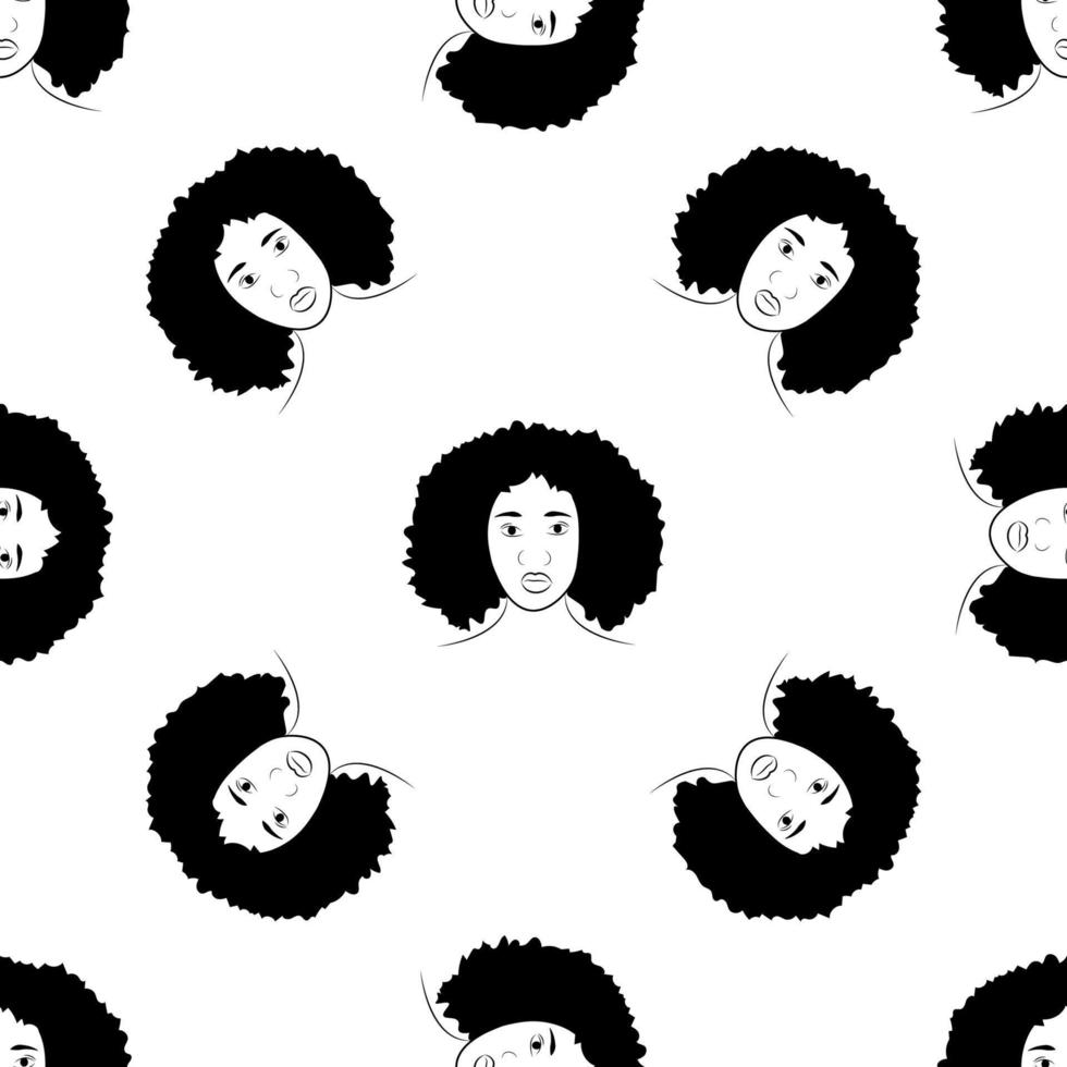 Black females silhouettes, face profile, vignette. Afro woman in profile. Hand drawn vector seamless pattern on white background. Design for invitation, greeting card, vintage style.