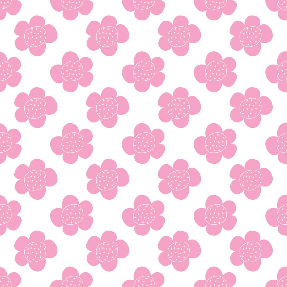Floral seamless vector pattern with flowers. Spring flora. Simple hand-drawn kids style. Pretty ditsy for fabric, textile, wallpaper. Digital paper in white background