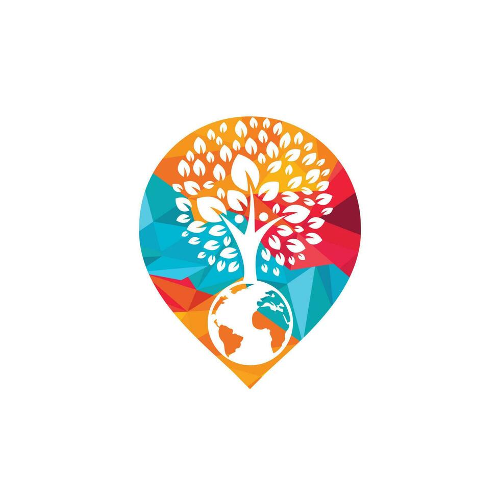 plantilla de diseño de logotipo de vector de árbol humano global. concepto de logotipo de icono de punto de pin verde.
