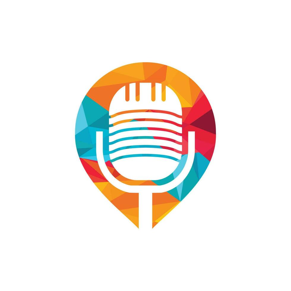 Podcast and map pin logo design. Studio table microphone with broadcast icon design. vector