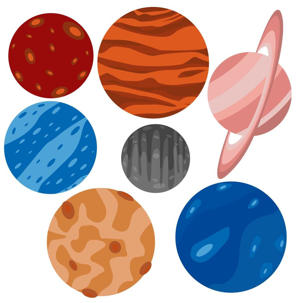 Planets collection of the solar system isolated vector illustration on white background.