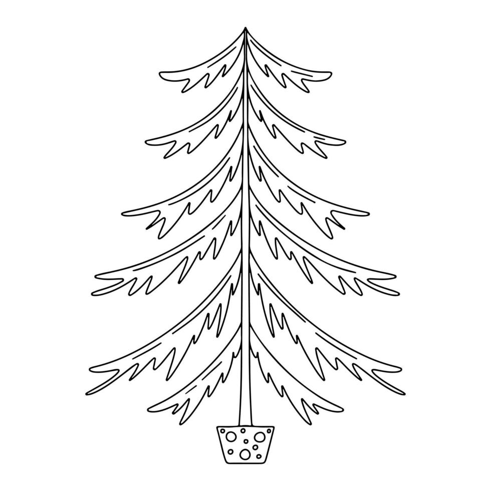 Fir tree in housepot in hand drawn doodle style. Simple illustration of Christmas tree vector. vector