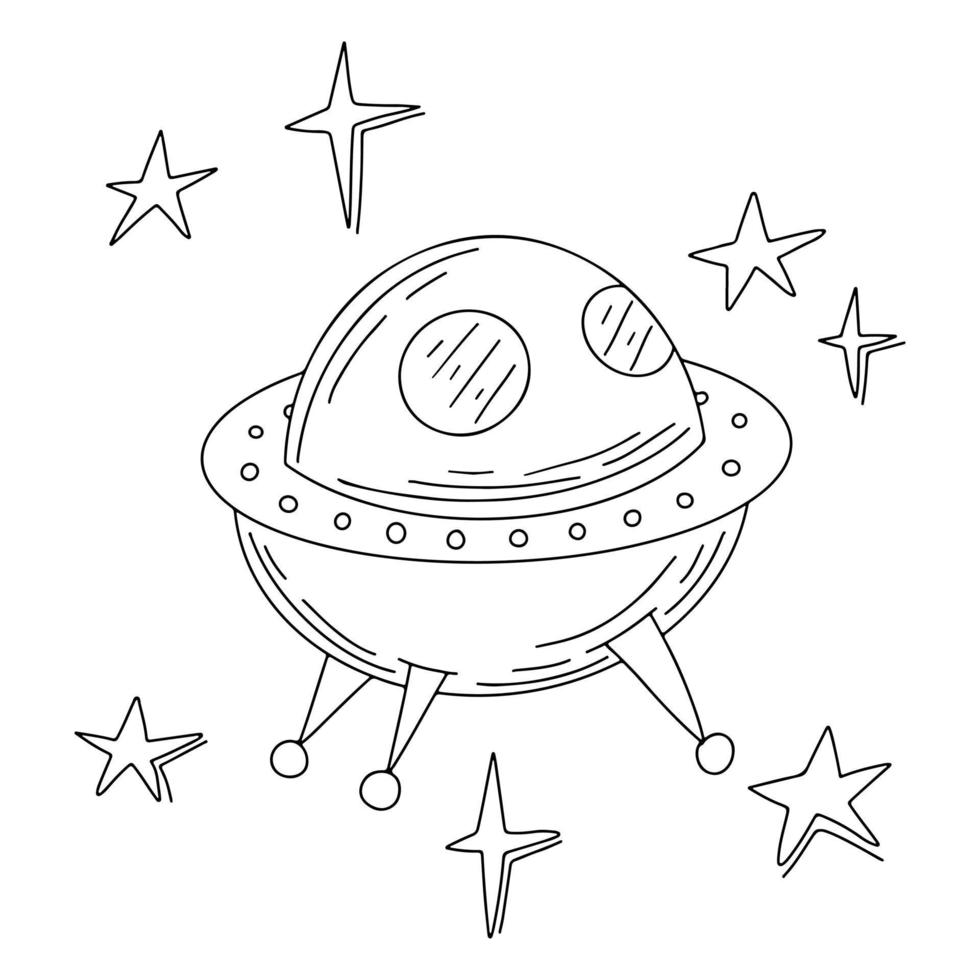 Toy UFO space ship in hand drawn doodle tyle. Alien space ship. Futuristic unknown flying object. Vector illustration Isolated on white background.