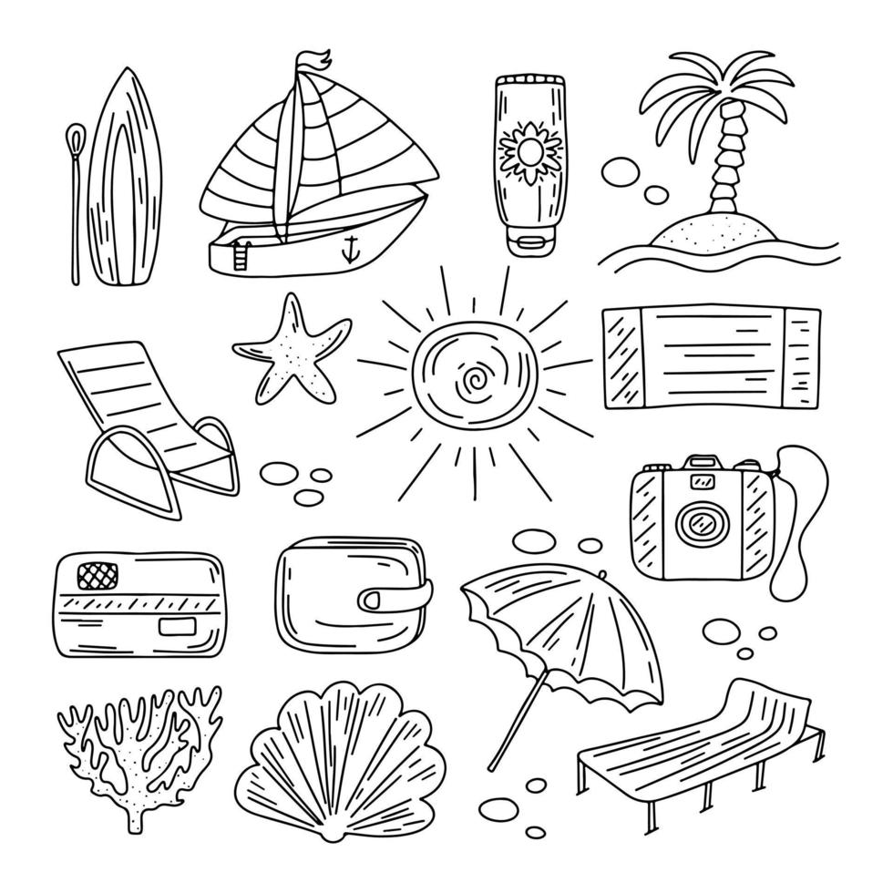 conjunto dibujado a mano de elementos de vacaciones en el mar en estilo de boceto de garabato. linda ilustración para cualquier diseño web. vector