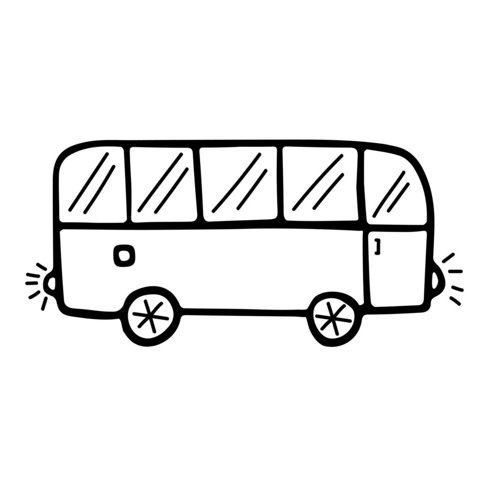 Cute bus in hand drawn doodle style. Vector illustration isolated on white background.