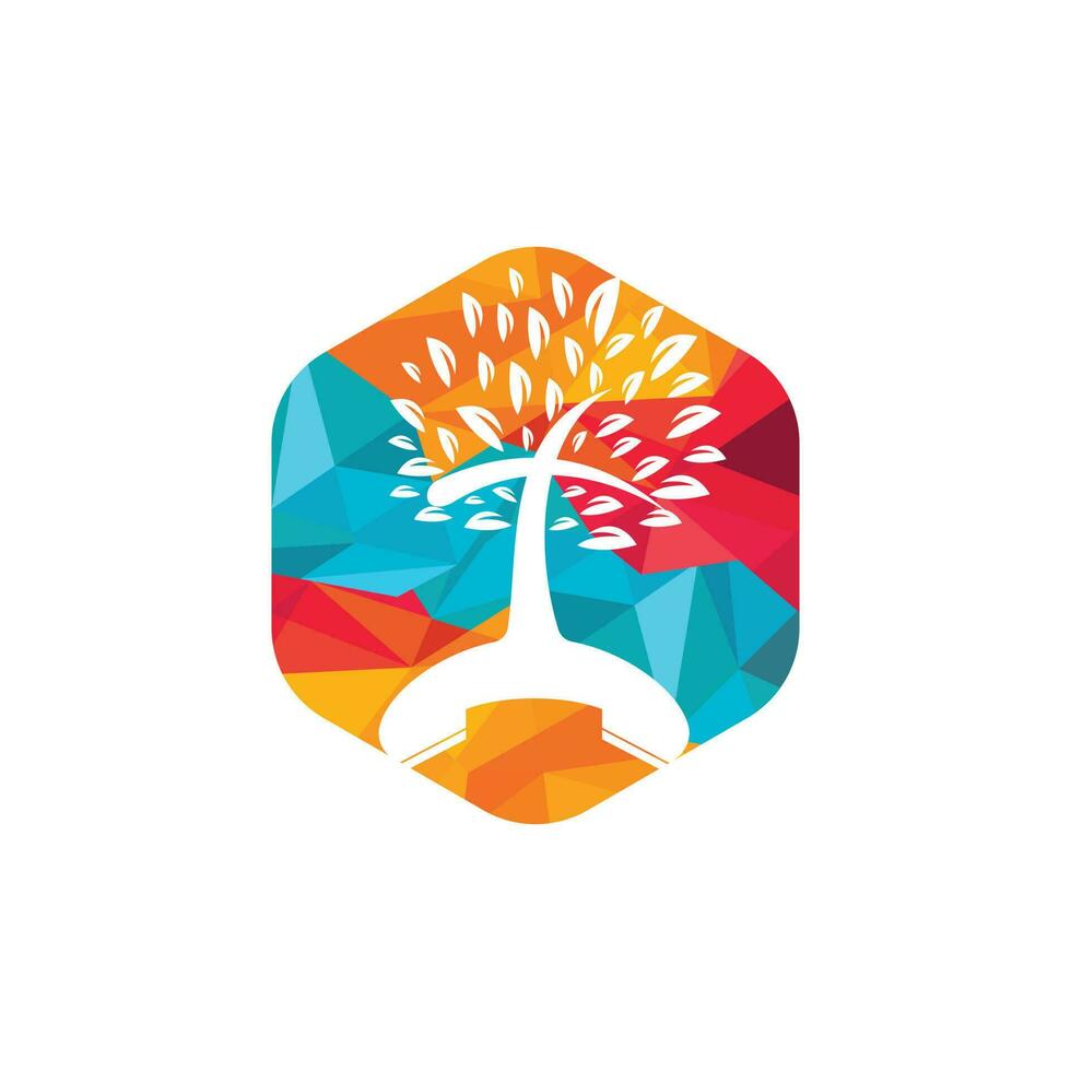 Church call logo concept. Handset and church tree vector logo design.