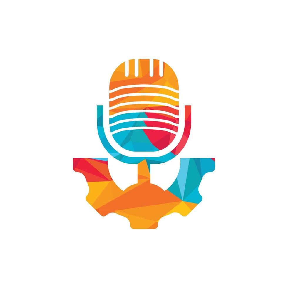 Gear podcast vector logo design template. Cog wheel and mic icon design.