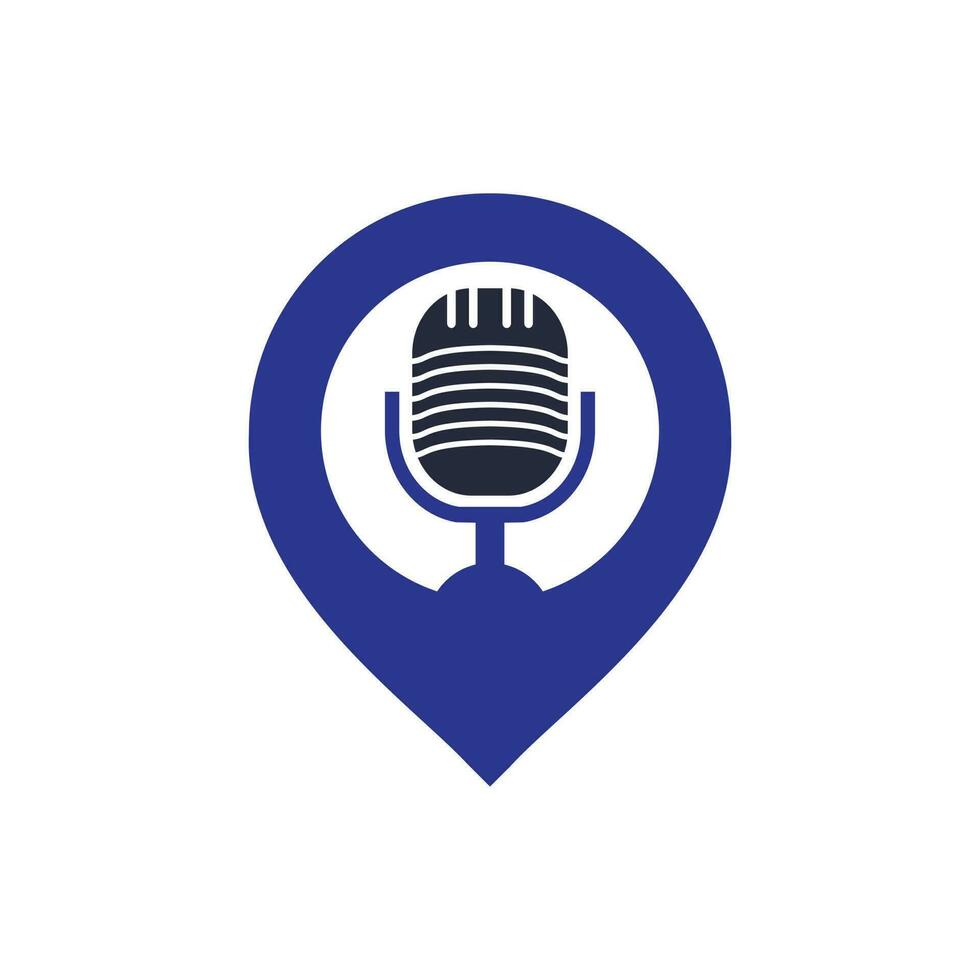 Podcast and map pin logo design. Studio table microphone with broadcast icon design. vector
