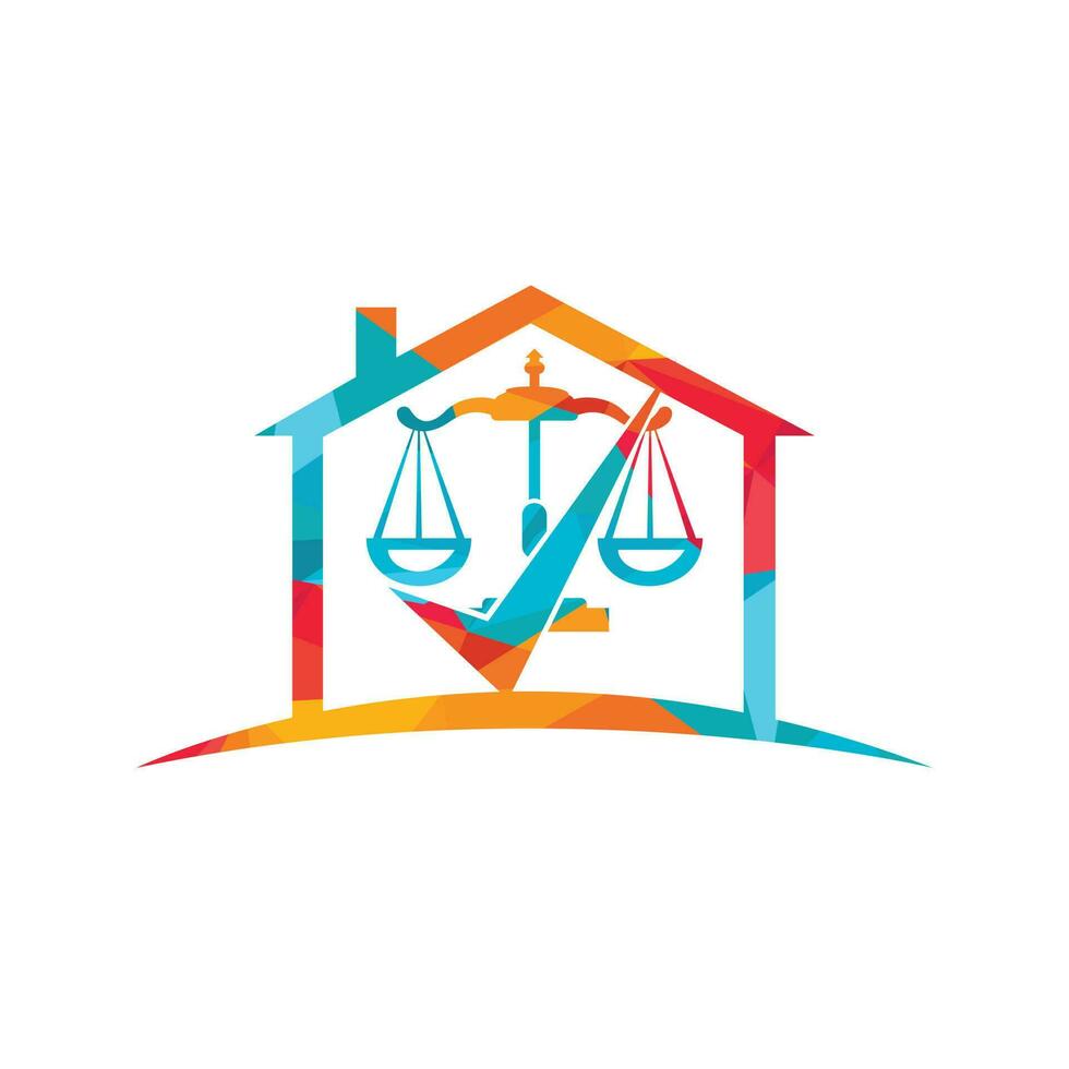diseño del logotipo vectorial del bufete de abogados. escala de ley y signo de verificación con diseño de vector de icono de inicio.