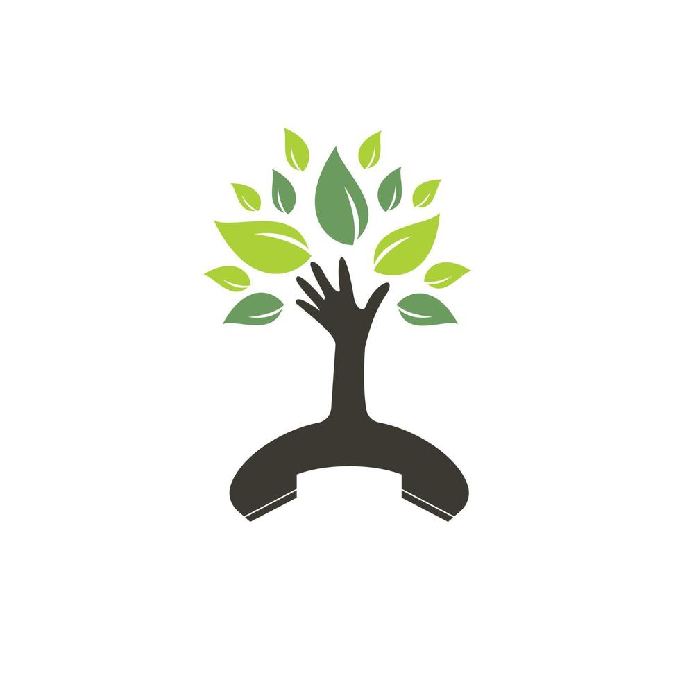 diseño de logotipo de vector de llamada de naturaleza. plantilla de diseño de icono de árbol de mano y auricular.