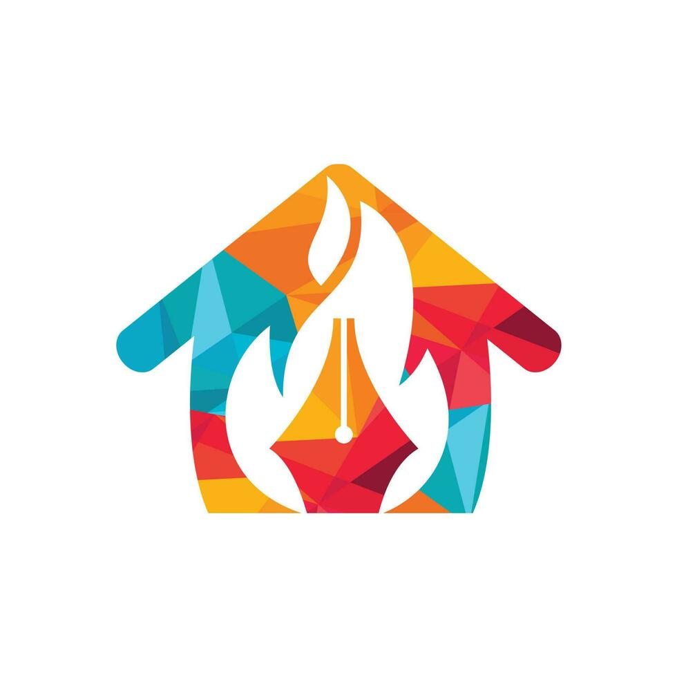 concepto de diseño del logotipo del vector de la pluma de fuego. icono de logotipo de vector de casa de escritor caliente.