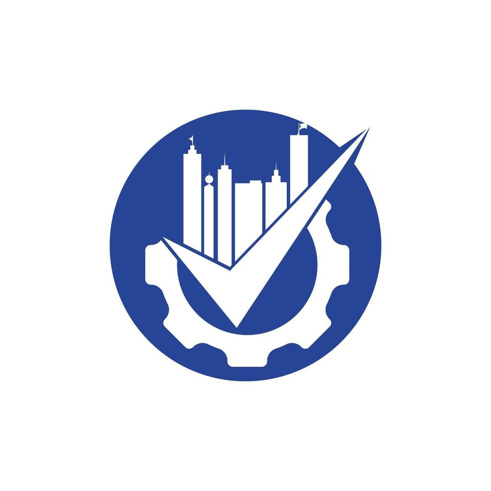 plantilla de diseño de logotipo de mantenimiento de edificios. Engranaje con rascacielos y diseño de ilustración de logotipo de icono de verificación. vector
