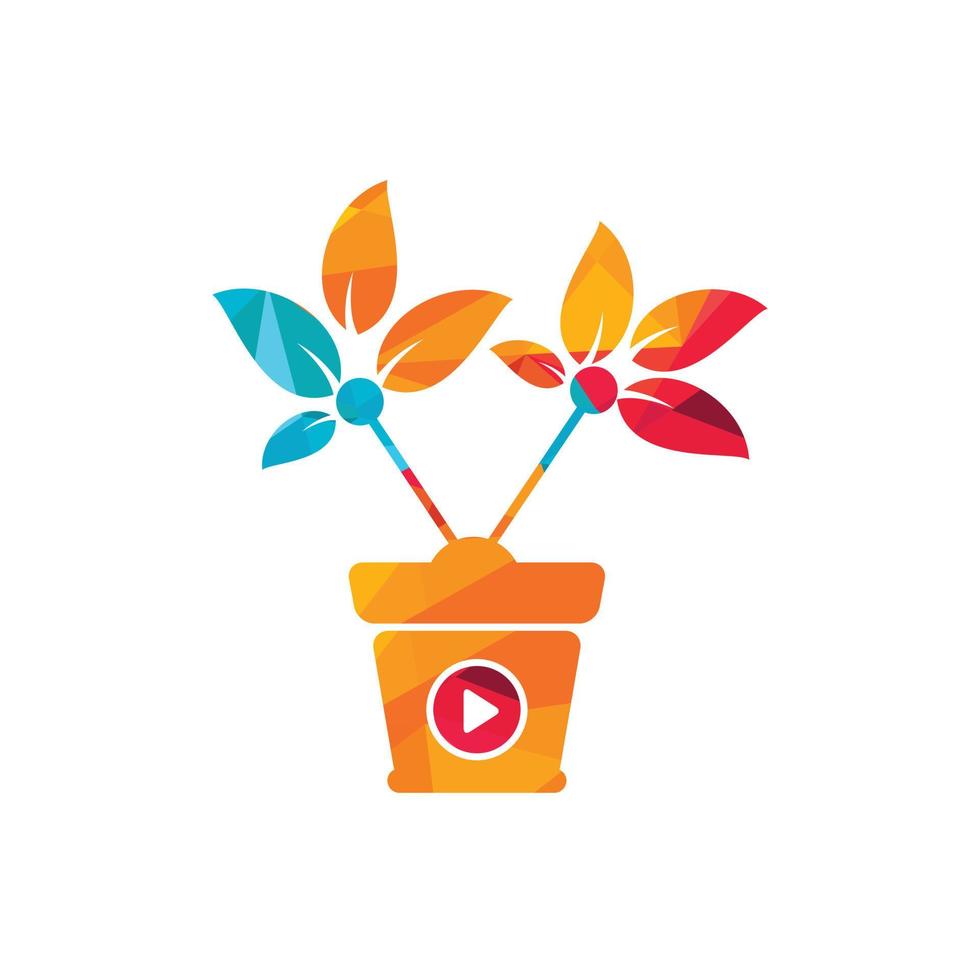 plantilla de diseño de logotipo de vector de tv de naturaleza. maceta de flores y diseño de icono de botón de reproducción.