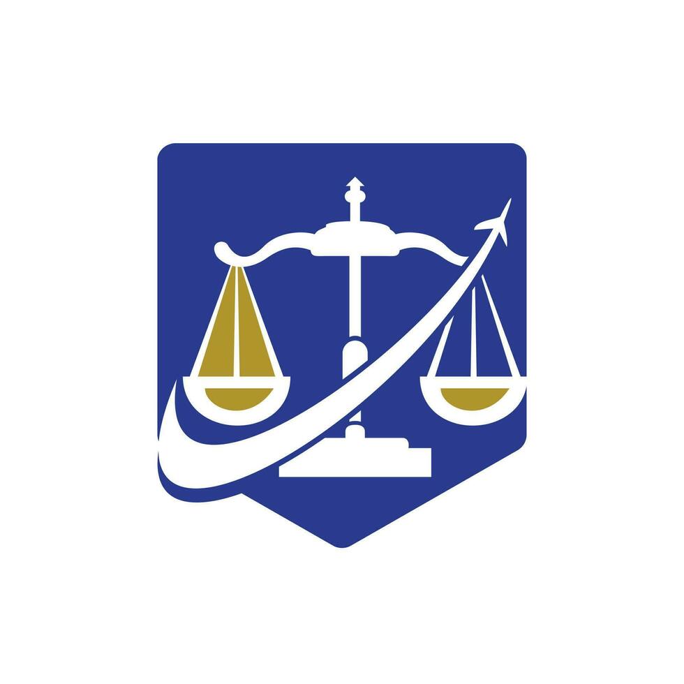 Travel law vector logo design template. Aeroplan and law balance icon.