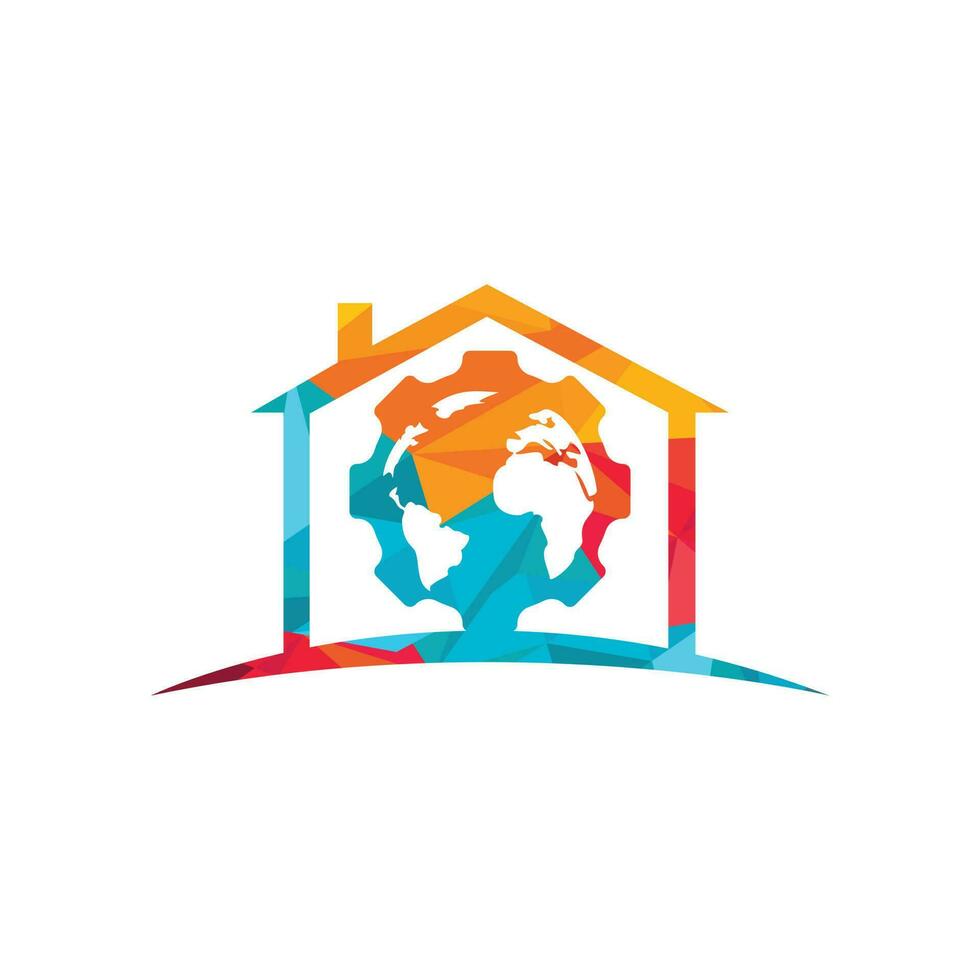 Gear global with home shape vector logo design. Gear planet icon logo design element.