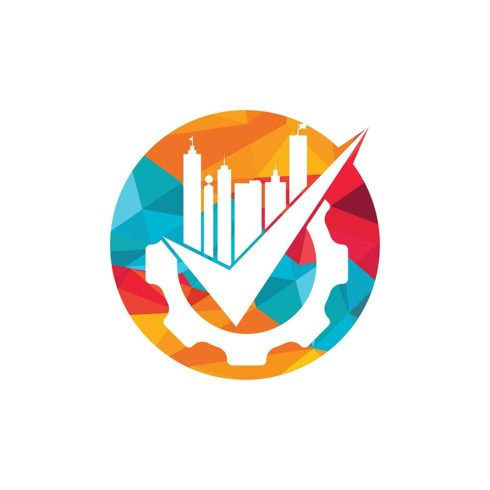 Building maintenance logo design template. Gear with skyscraper and check icon logo illustration design. vector