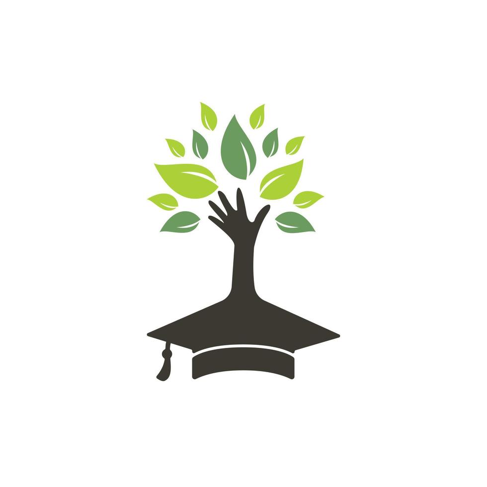 seguro de educación y concepto de logotipo de apoyo. gorra de graduación y logotipo del icono del árbol de la mano. vector