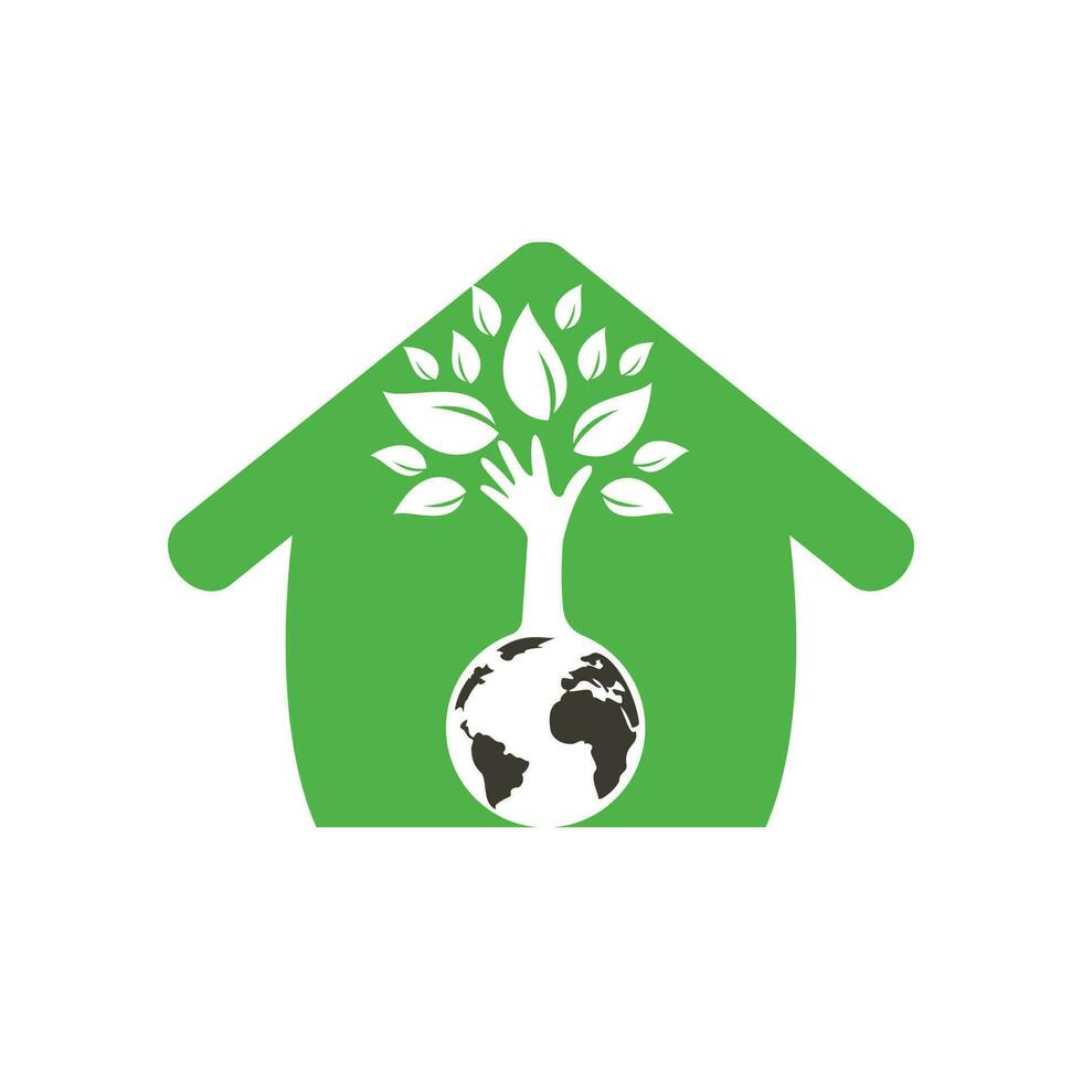 Globe and hand tree vector logo design. Ecology and sustainable concept.