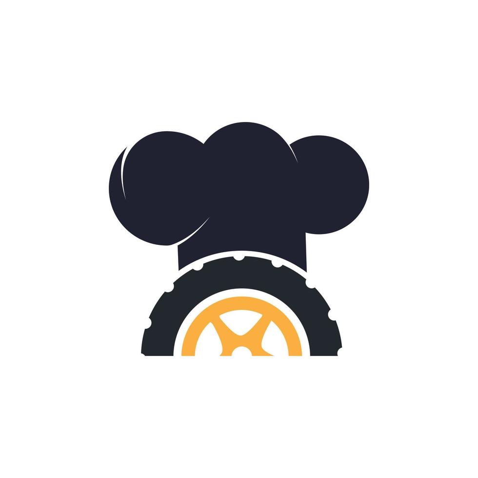 concepto de logotipo de comidas sobre ruedas. icono de neumático y sombrero de chef. vector