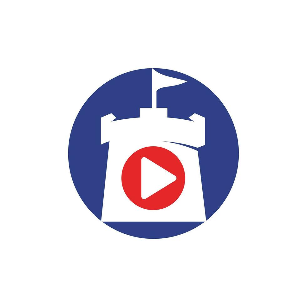 Vector button play and castle logo combination. Record and tower symbol or icon.