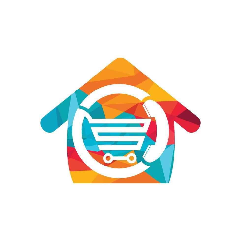 Shopping call vector logo design template illustration. Shopping cart and handset with home icon.