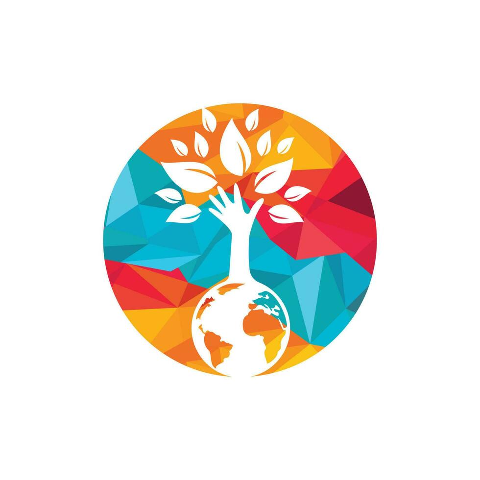 Globe and hand tree vector logo design. Ecology and sustainable concept.