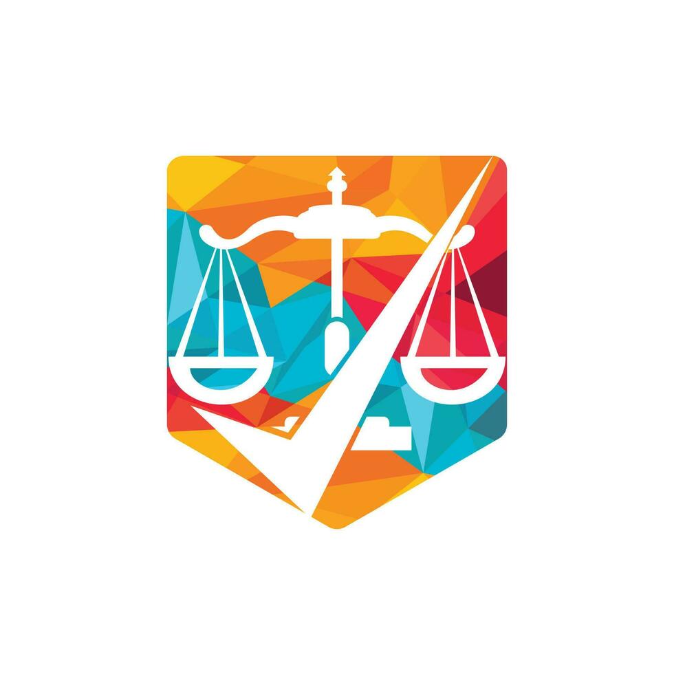 diseño del logotipo vectorial del bufete de abogados. escala de ley con diseño de vector de icono de signo de verificación.