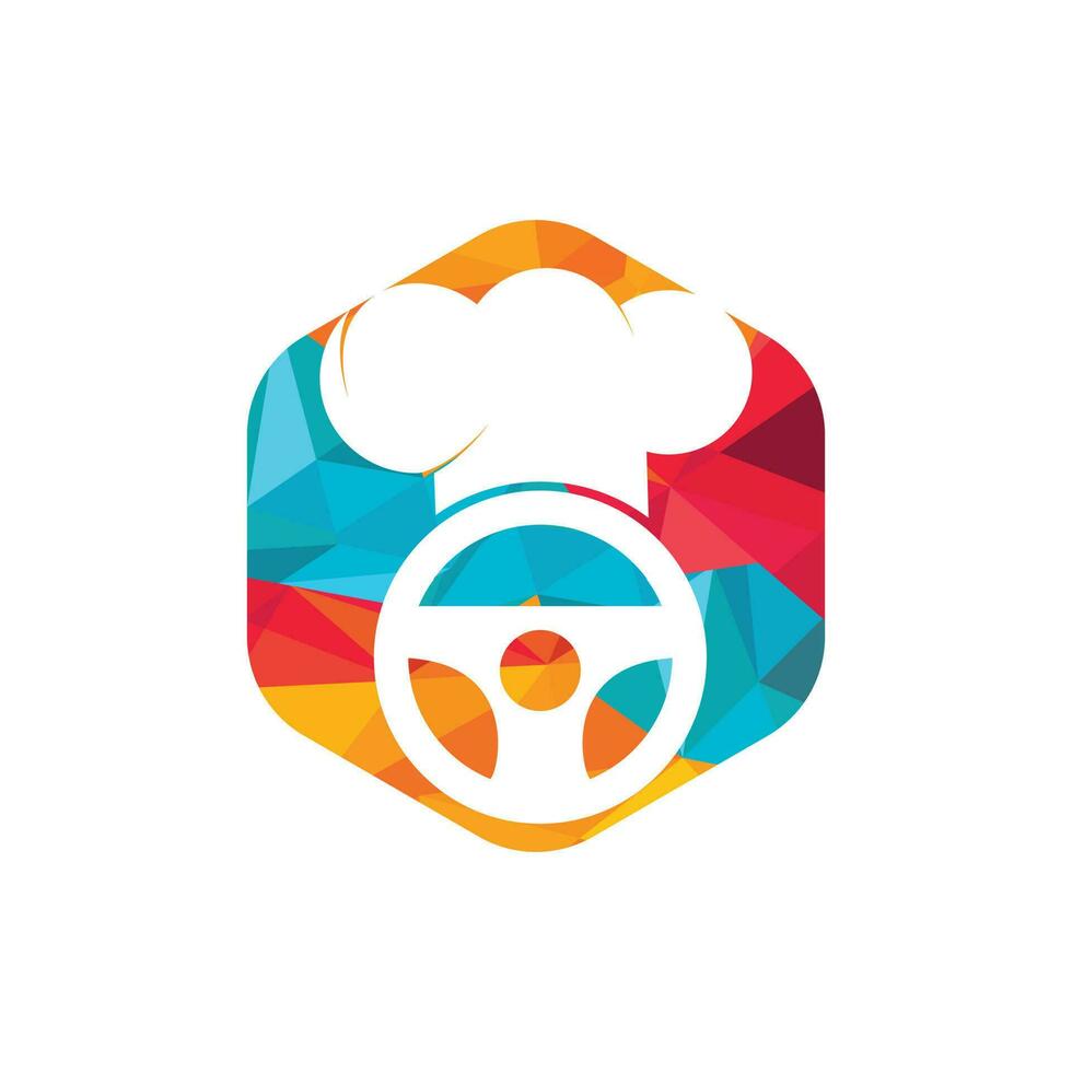 Food delivery catering vector logo design. Steering wheel and chef hat icon.