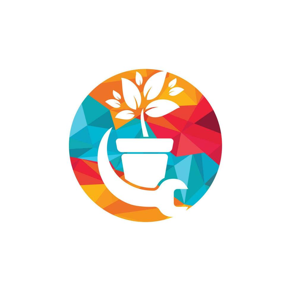 Garden fix vector logo concept. Flower pot and wrench logo icon.