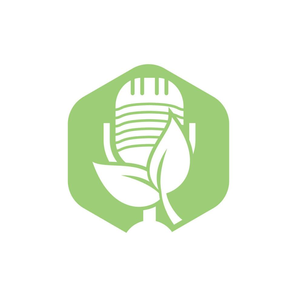 Podcast leaf nature ecology vector logo design. Podcast talk show logo with mic and leaves.