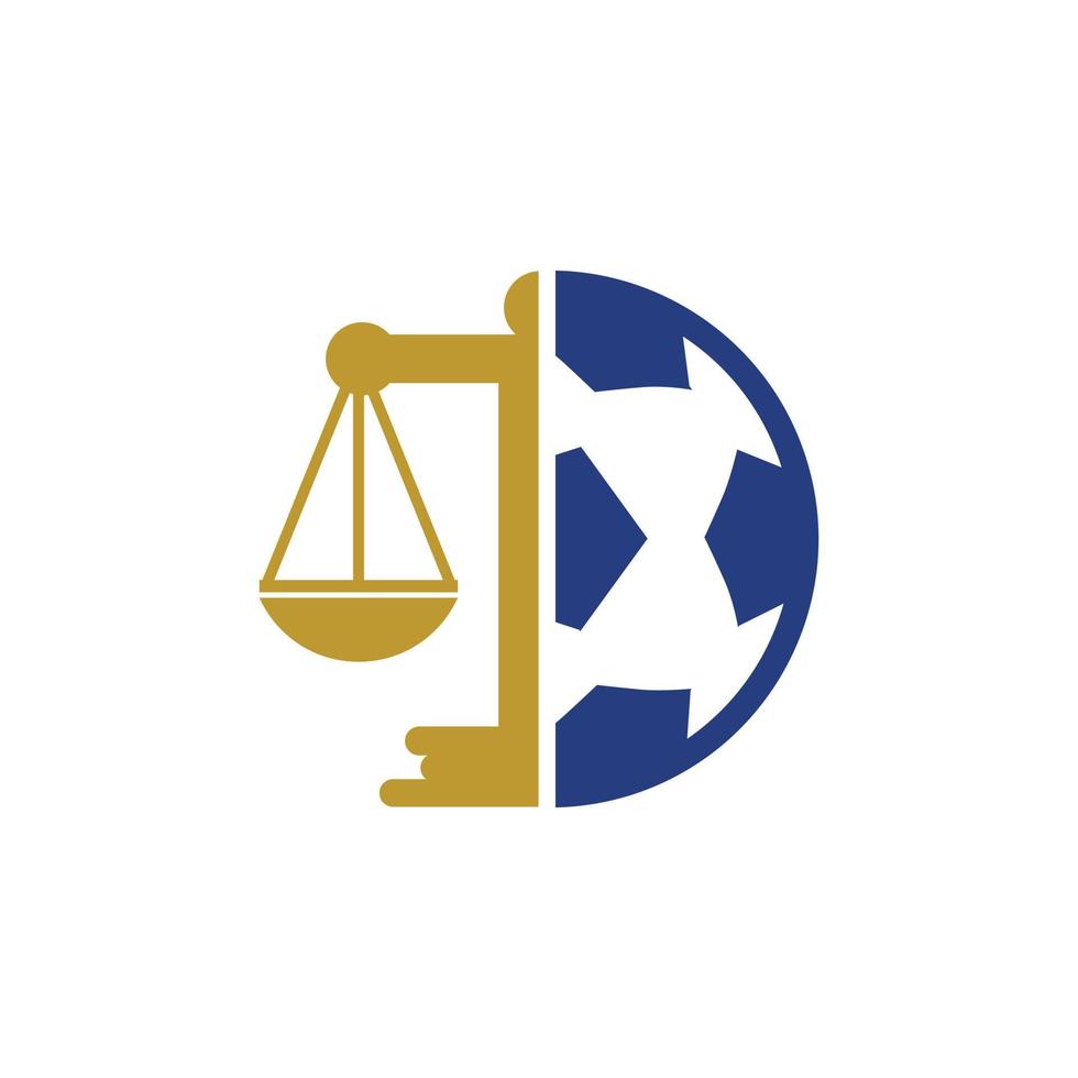 Soccer law vector logo design. Soccer ball and law balance icon design