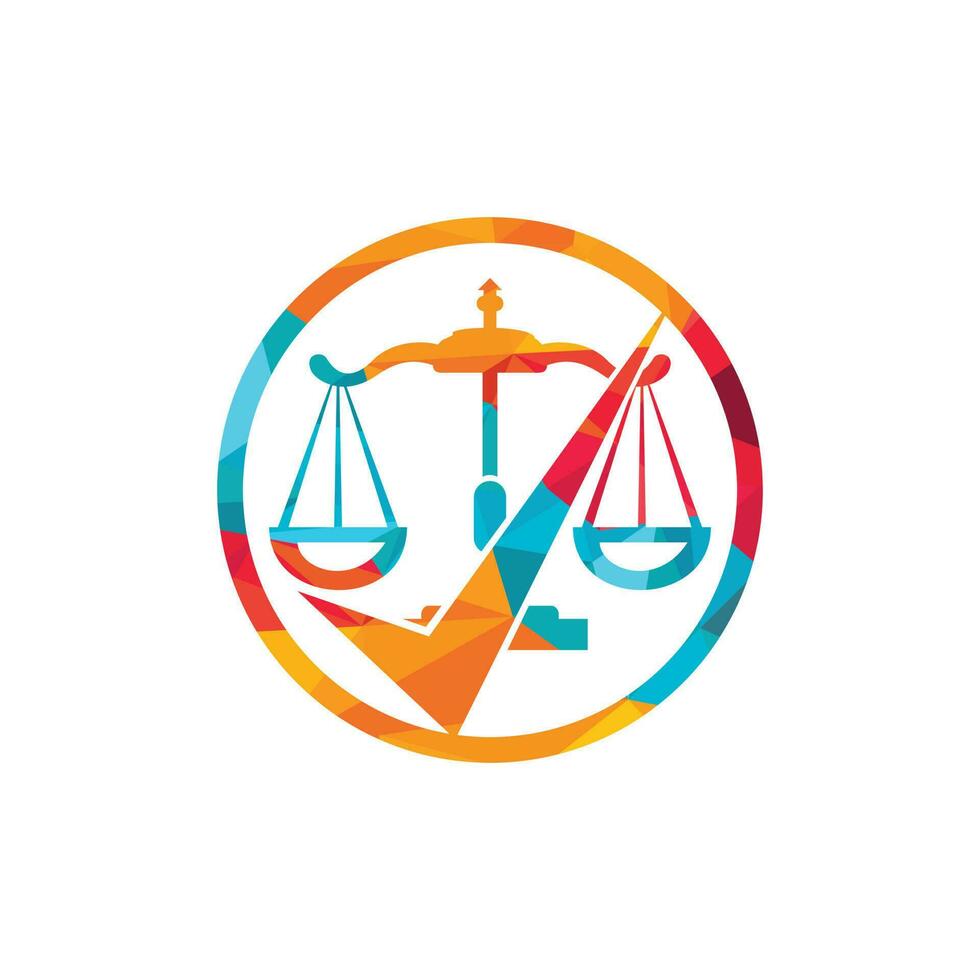 diseño del logotipo vectorial del bufete de abogados. escala de ley con diseño de vector de icono de signo de verificación.