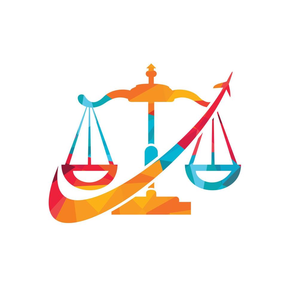 Travel law vector logo design template. Aeroplan and law balance icon.