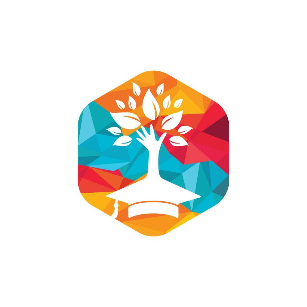 seguro de educación y concepto de logotipo de apoyo. gorra de graduación y logotipo del icono del árbol de la mano. vector