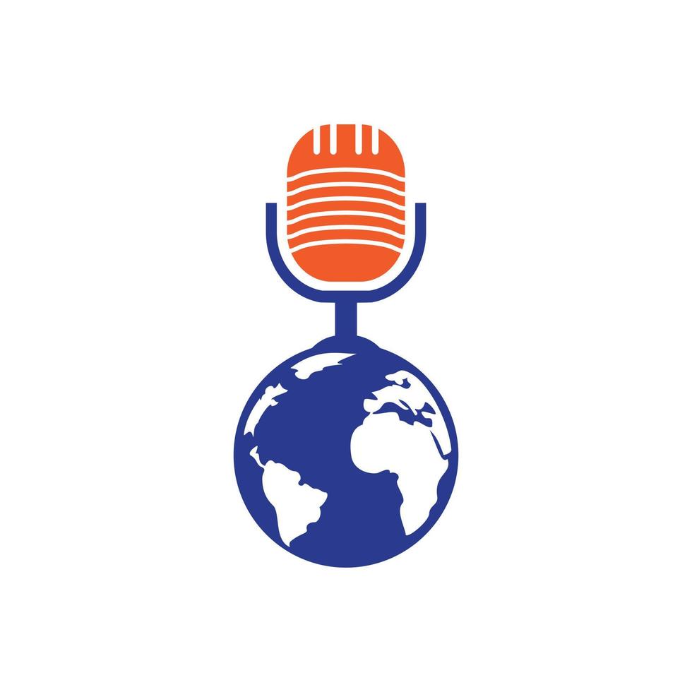 diseño de logotipo de podcast global. Ilustración de vector de plantilla de logotipo de empresa de entretenimiento de difusión.