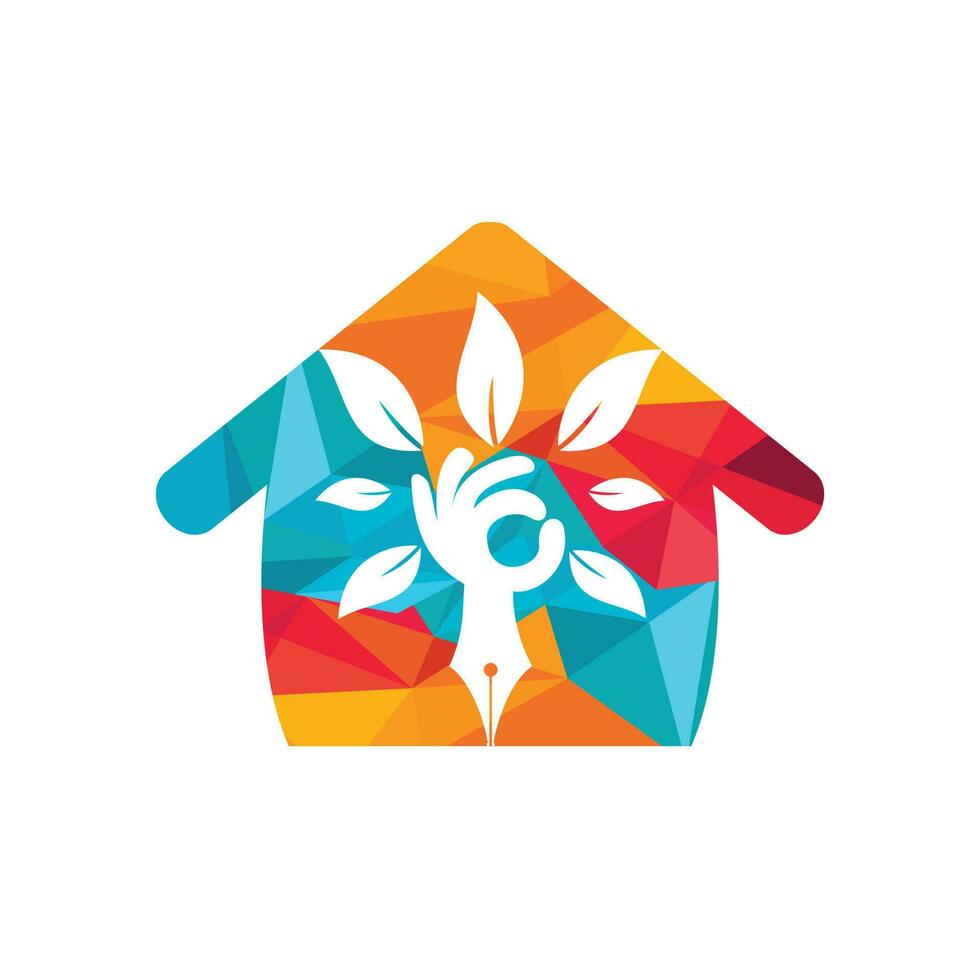 Education insurance and support logo concept. Pen and hand tree with home shape icon logo. vector