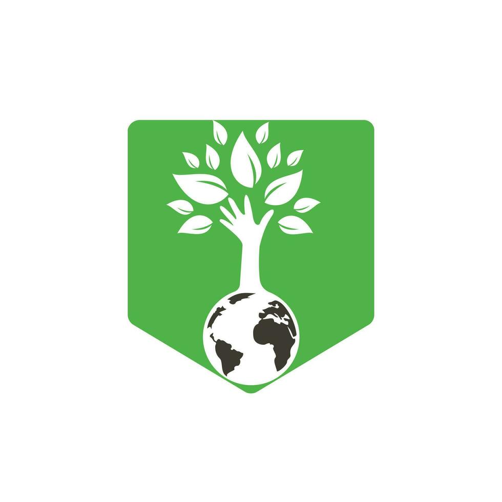 Globe and hand tree vector logo design. Ecology and sustainable concept.