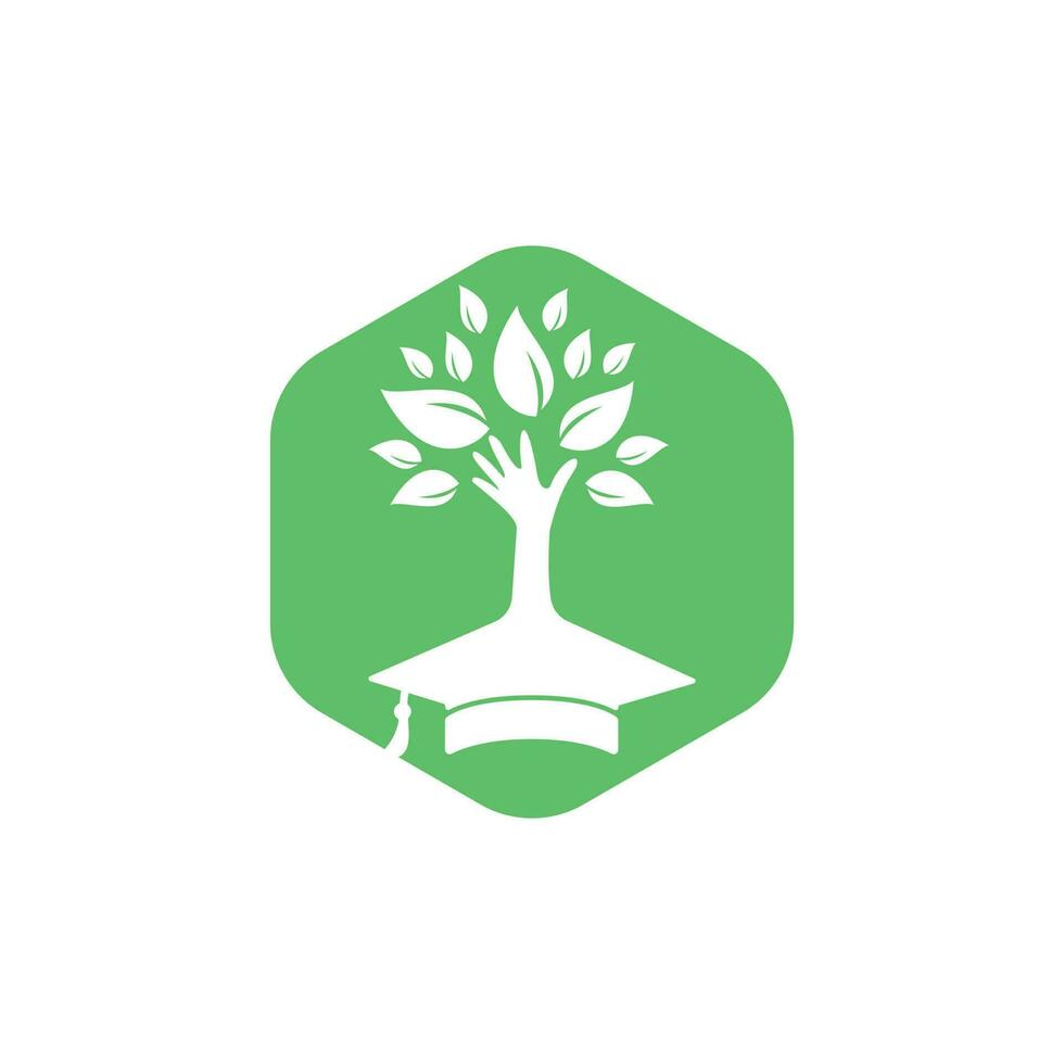 seguro de educación y concepto de logotipo de apoyo. gorra de graduación y logotipo del icono del árbol de la mano. vector