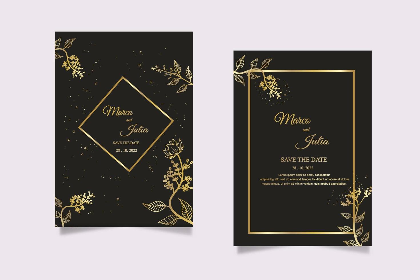 floral botanical golden frame . Dark elegant invitations template. Luxury design for wedding invitation, greeting card, vip women products. Vector illustration