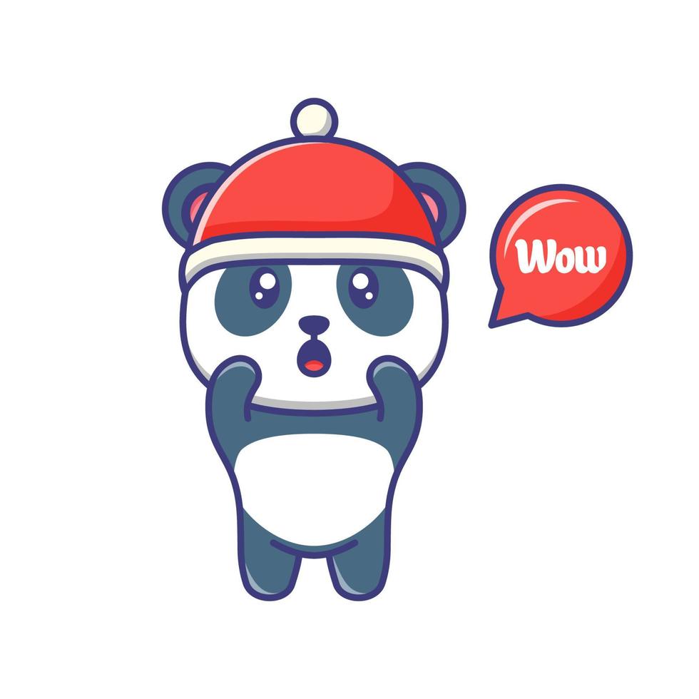 Cute baby panda with red hat exited cartoon illustration isolated suitable For sticker, banner, poster, packaging, children book cover. vector