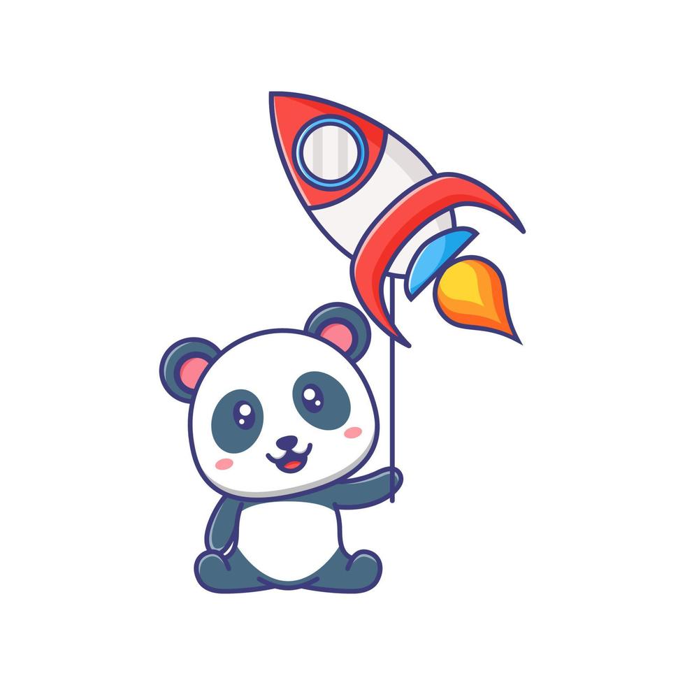 lindo bebé panda y cohete ilustración de dibujos animados aislado adecuado para pegatina, pancarta, afiche, empaque, portada de libros para niños. vector