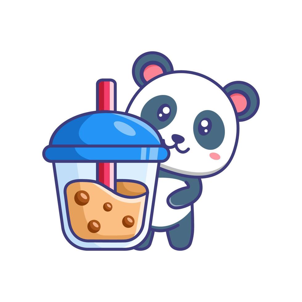 lindo bebé panda con una taza de bebida de chocolate ilustración de dibujos animados aislado adecuado para pegatina, pancarta, afiche, embalaje, portada de libros para niños vector