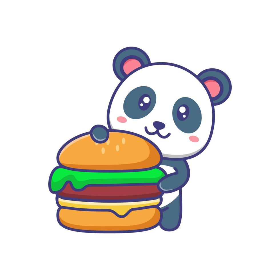 lindo bebé panda con ilustración de dibujos animados de hamburguesas aislado adecuado para pegatina, pancarta, afiche, empaque, portada de libro para niños. vector